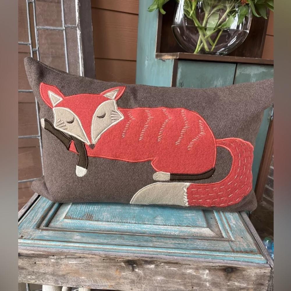 Fox Throw Pillow Devi Designs Wool Blend Embroidered Applique Cushion Zipper 🦊